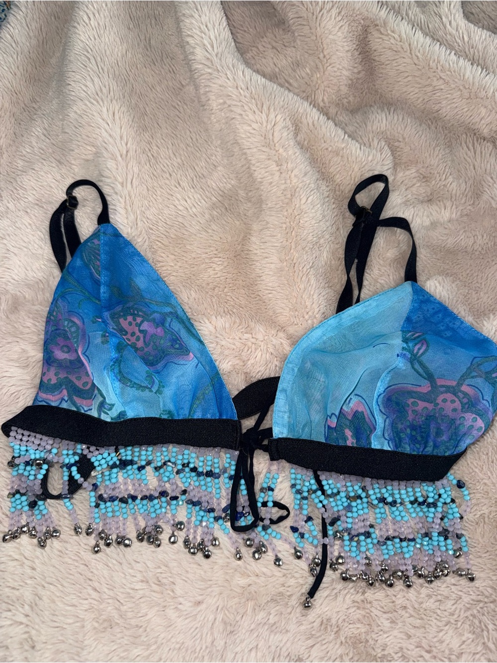 Blue Beaded Fringe Mesh Bralette - Women Intimates
